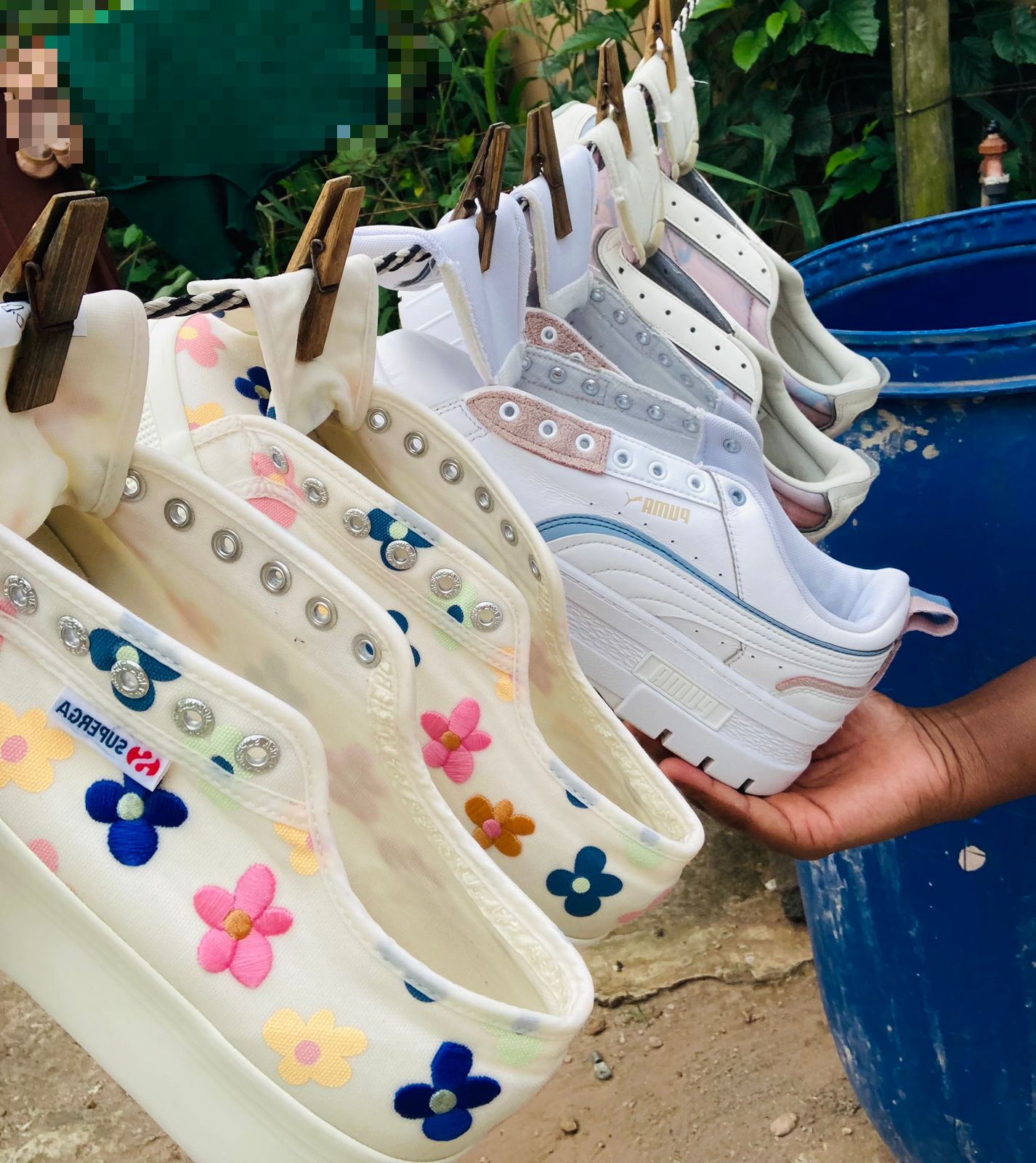 Cleaning white sneakers with microfiber cloth